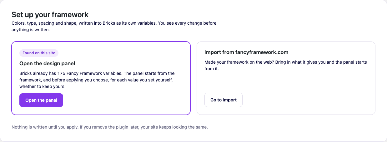 The first-run screen: Bricks already had 175 recognized variables, so "Open the design panel" and "Import from fancyframework.com" show; "Start from the defaults" only appears when nothing is recognized yet