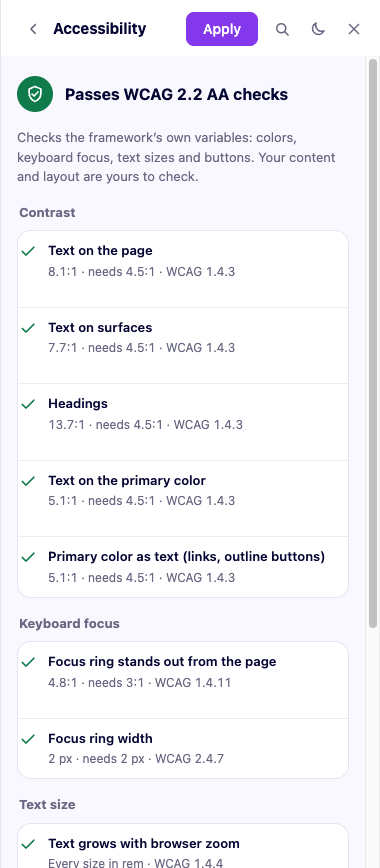 The accessibility seal in the panel, with every check passing