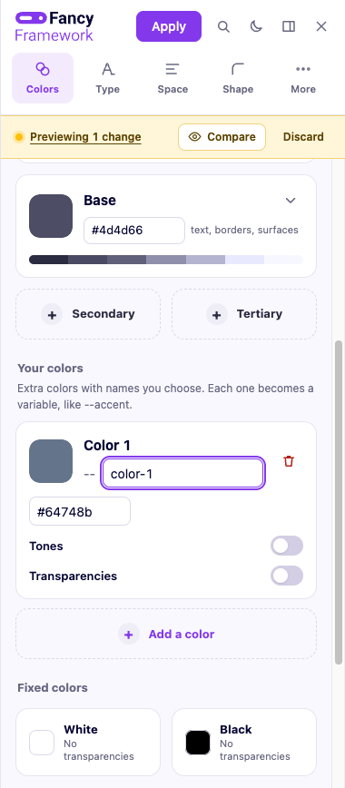 A custom color being added, with its name, tones and transparencies switches