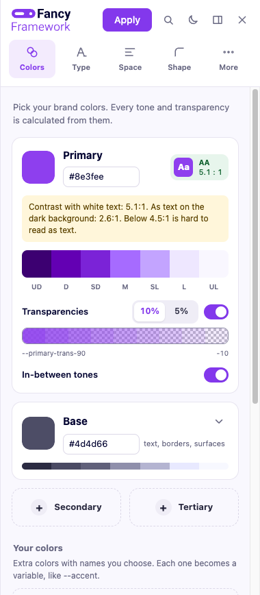 Primary's transparency strip, turned on at 10% steps, with its variable names