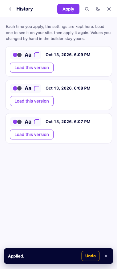 The History panel, listing past applied versions
