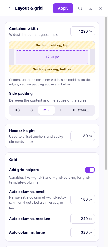 The Layout &amp; grid screen, with container width, side padding and header height