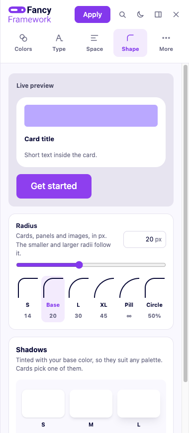 The Shape section of the panel, with the radius slider and its live preview