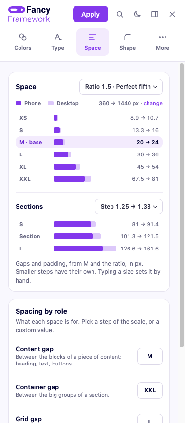 The Space section of the panel, with the spacing scale and roles