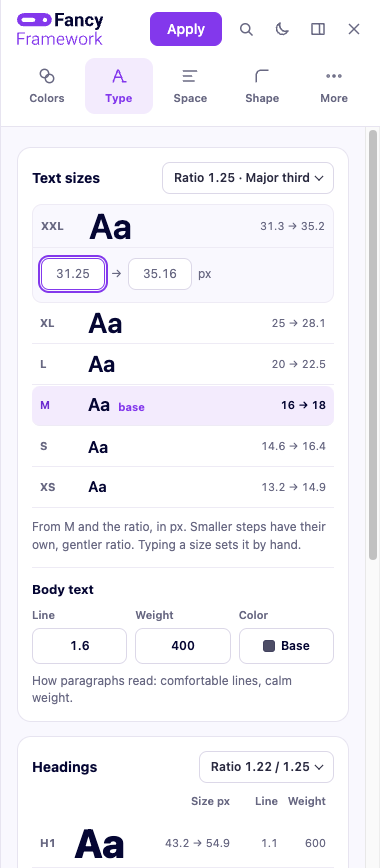 The XXL step open, with its size at the smallest and largest screen as two editable fields