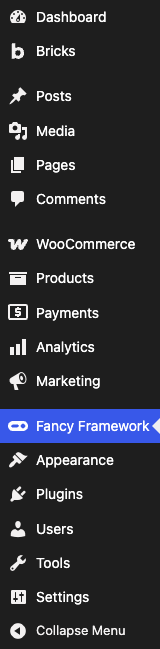 The Fancy Framework item in the wp-admin menu