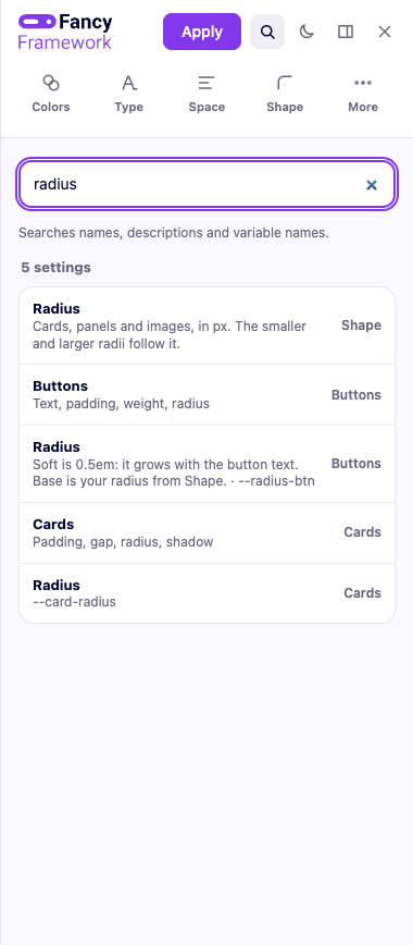 Buscando "radius" desde el buscador del panel