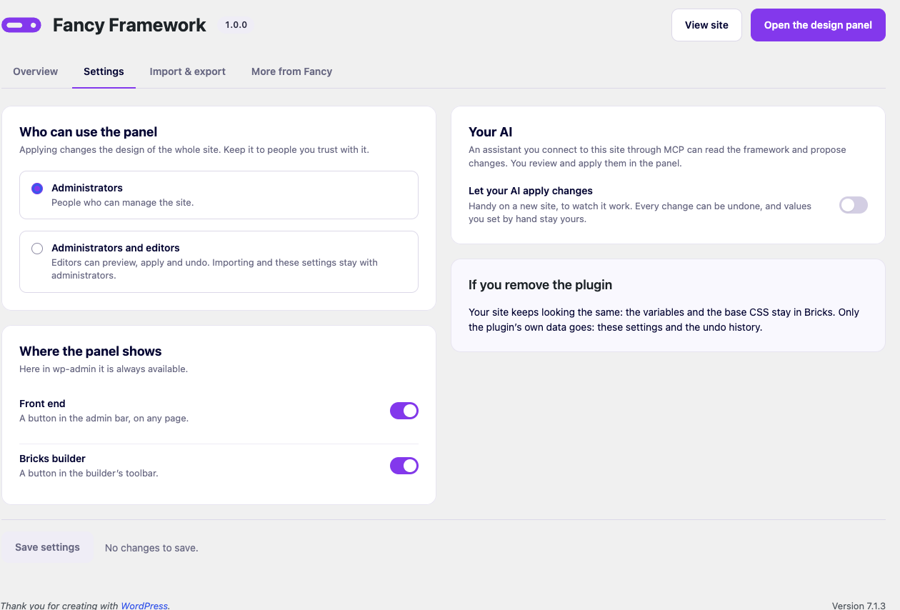 La pestaña Settings, con quién puede usar el panel y dónde aparece